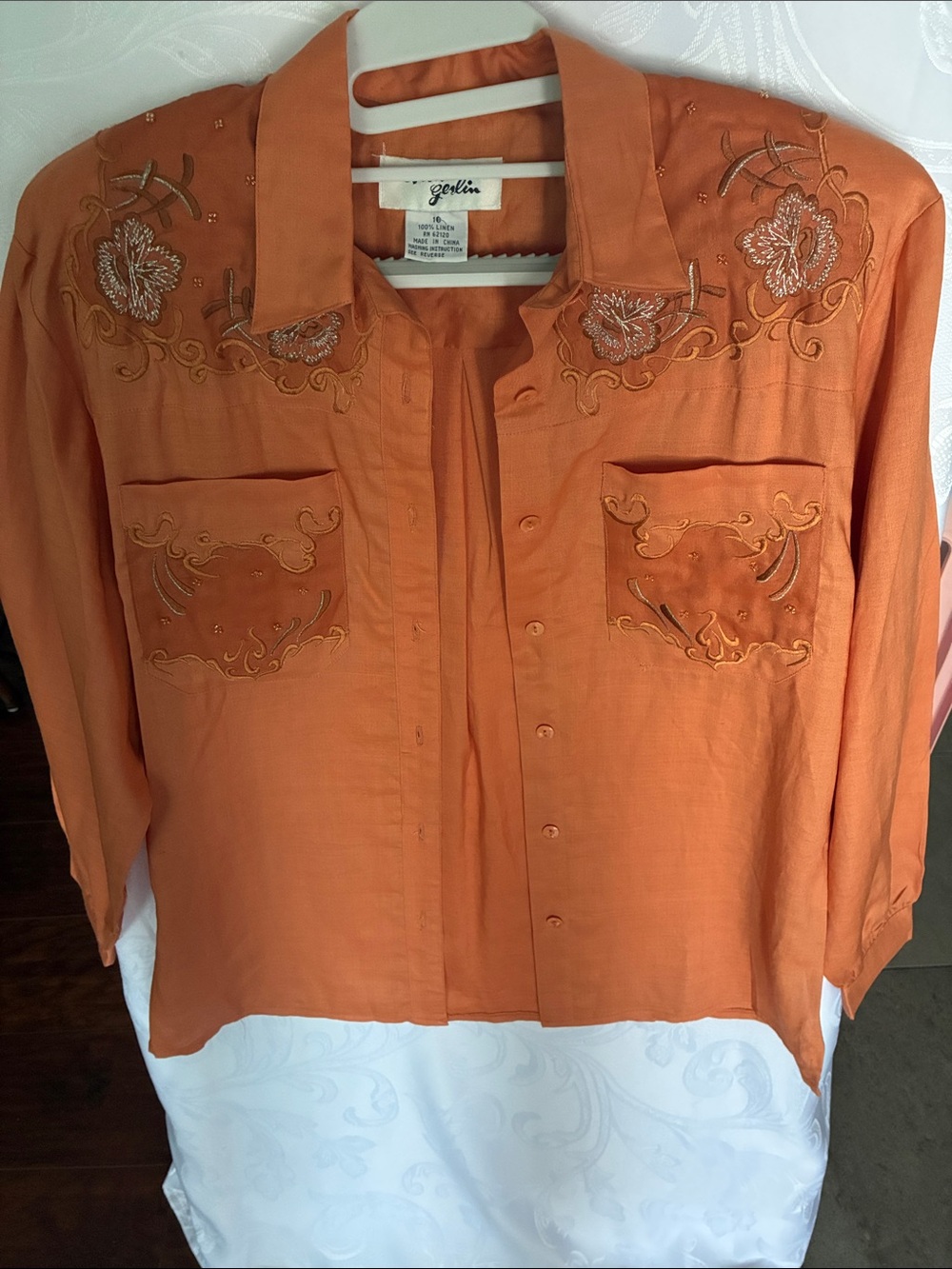 Ann Gerlin linen shirt Women's Embroidered Button-Down Shirt – Burnt Orange